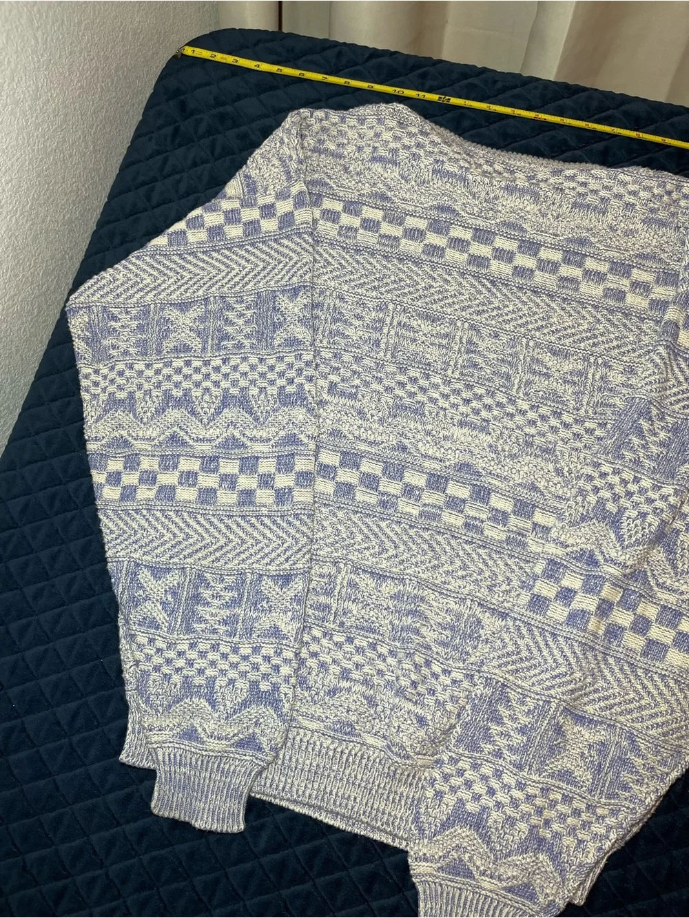 Vintage Men's Patterned Crewneck Sweater - Blue & White - 100% Cotton